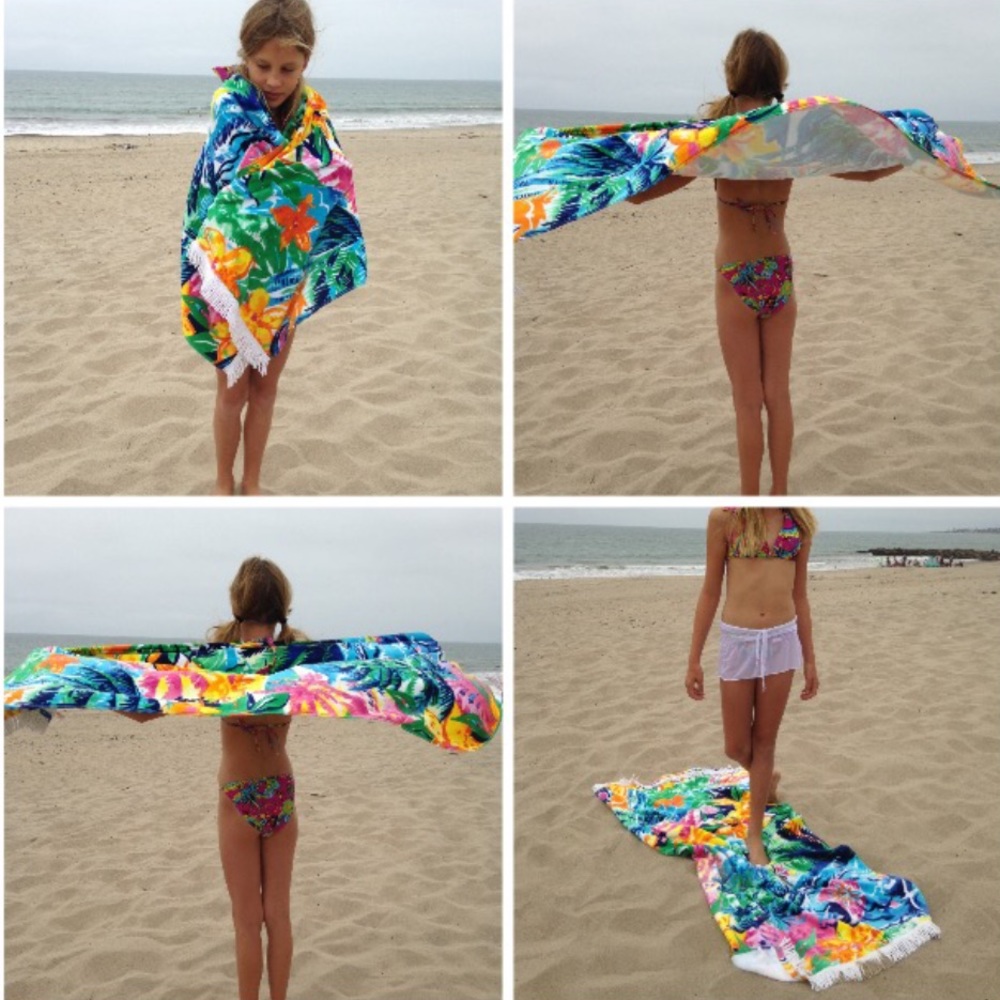 2Chillies Cotton Beach Towel Hawaiian Floral Kids Size Fringed New - Picture 4 of 15